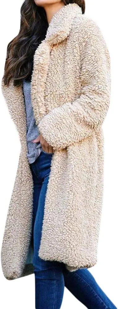 2023 Women Winter Coats Fleece Long Windbreaker Warm Fuzzy Overcoats Trendy Lapel Jackets Plus Size Casual Outwear