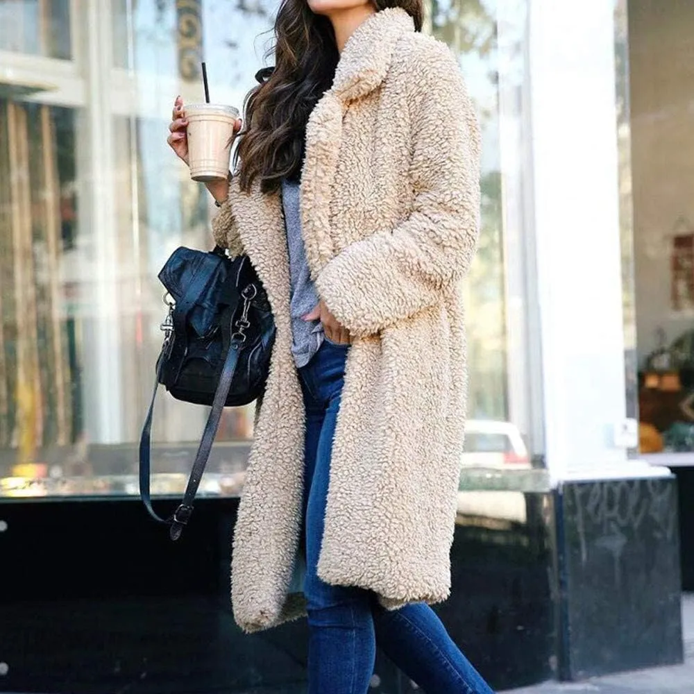 2023 Women Winter Coats Fleece Long Windbreaker Warm Fuzzy Overcoats Trendy Lapel Jackets Plus Size Casual Outwear