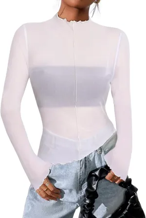 Avanova Women Mesh Sheer Asymmetrical Crop Top Sexy See Through Long Sleeve Shirt