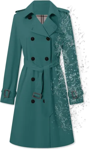 Betusline Women's Long Double-Breasted Waterproof Trench Coat with Belt