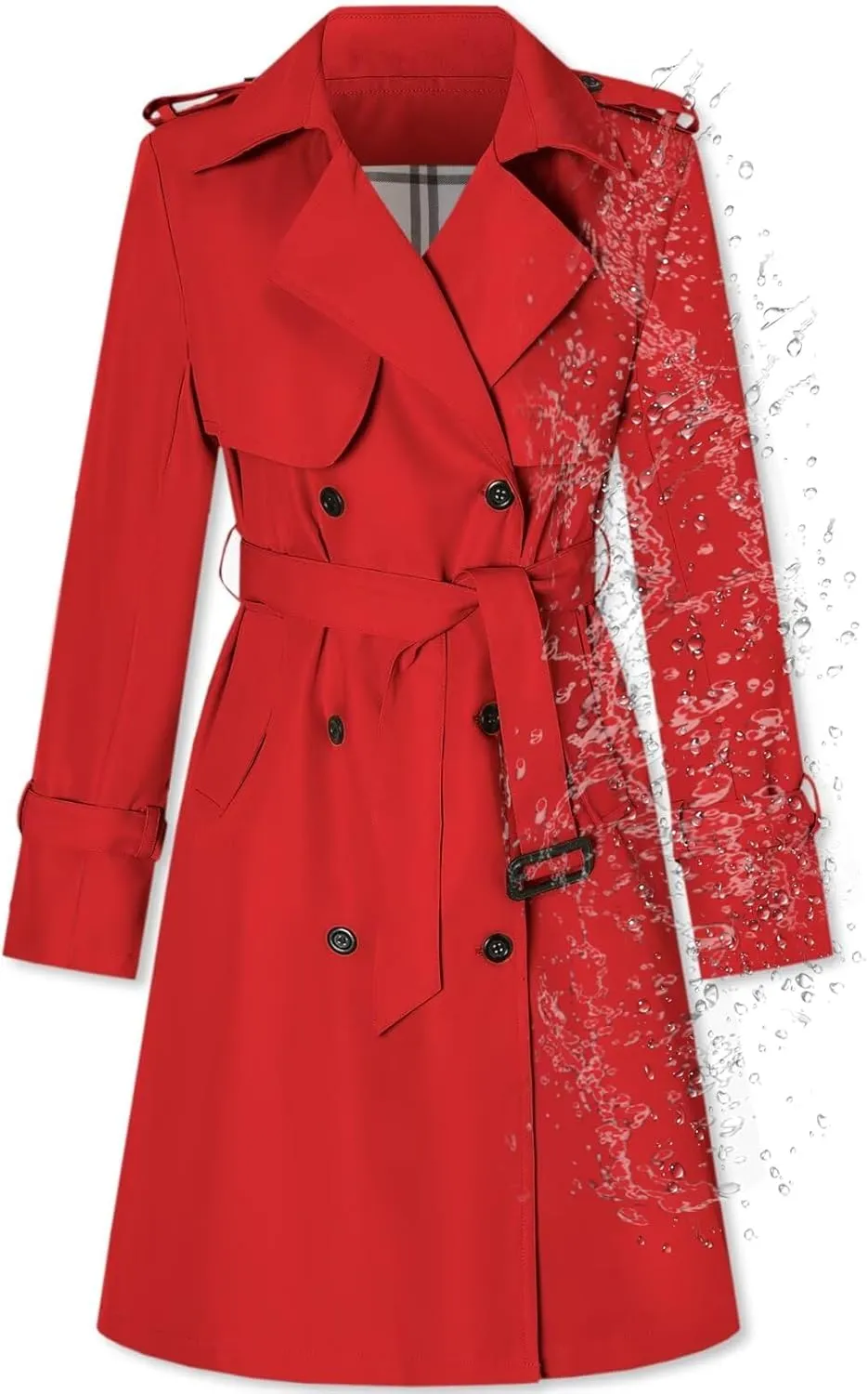 Betusline Women's Long Double-Breasted Waterproof Trench Coat with Belt