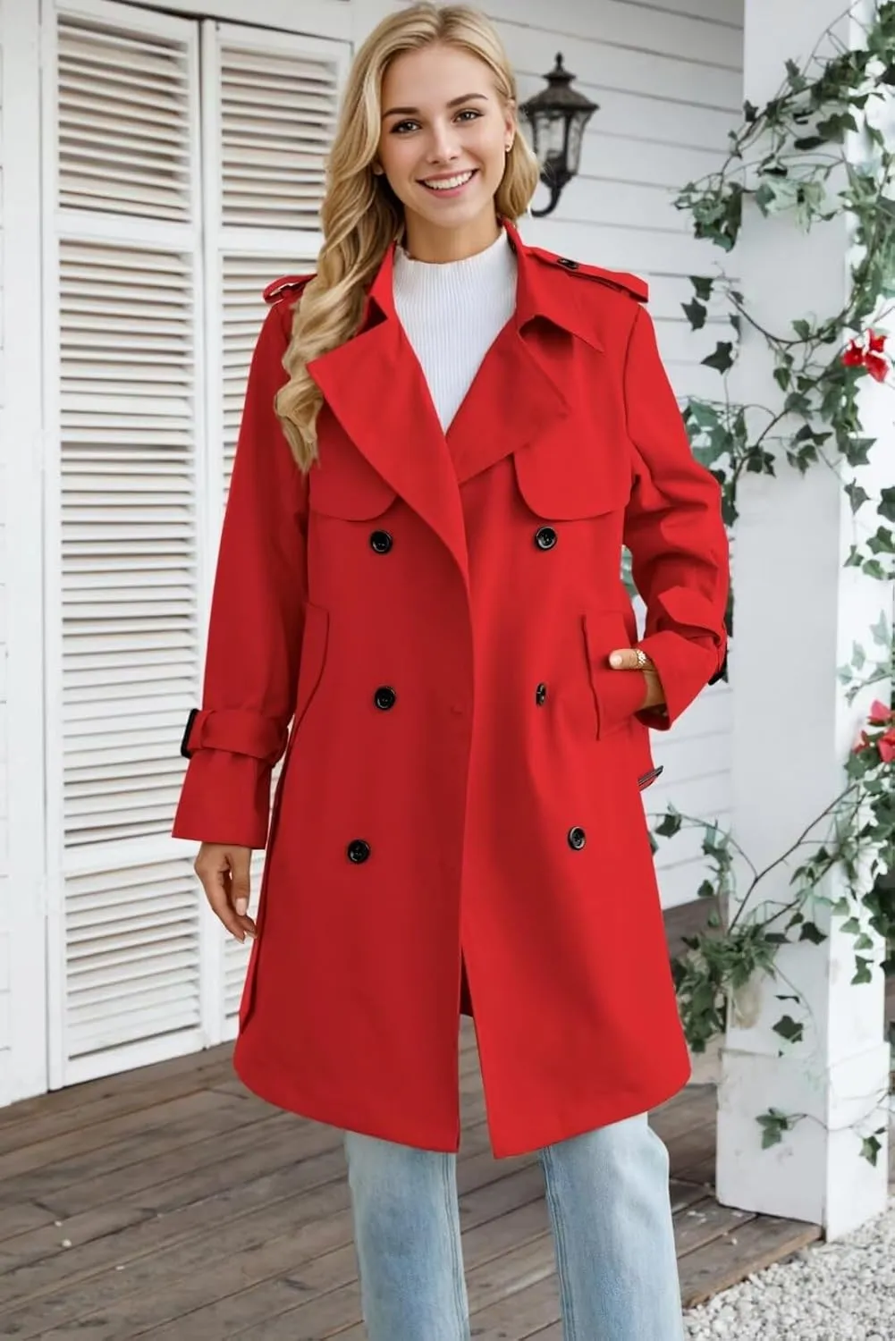 Betusline Women's Long Double-Breasted Waterproof Trench Coat with Belt