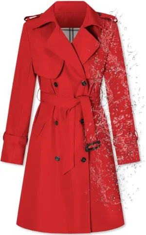 Betusline Women's Long Double-Breasted Waterproof Trench Coat with Belt
