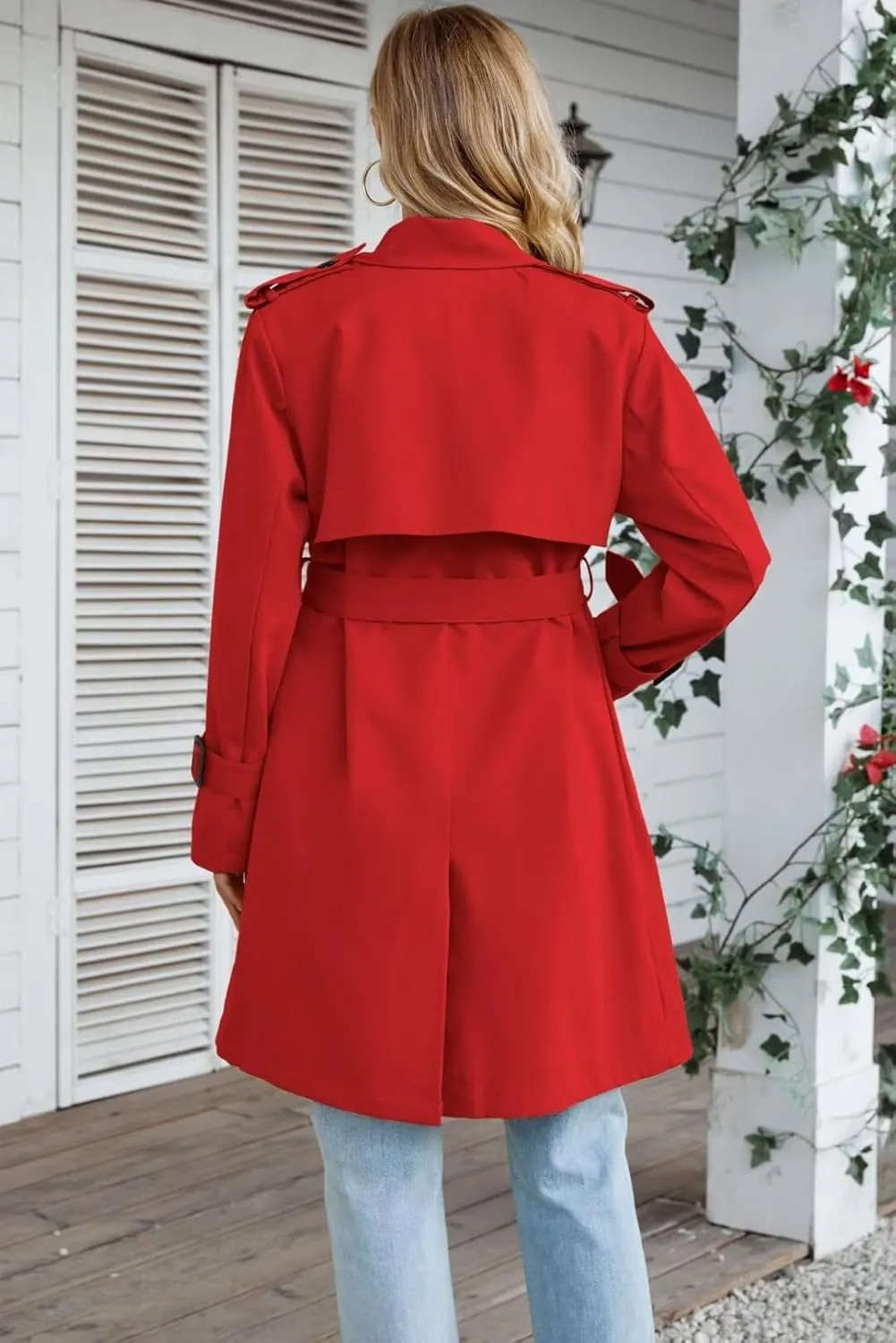 Betusline Women's Long Double-Breasted Waterproof Trench Coat with Belt