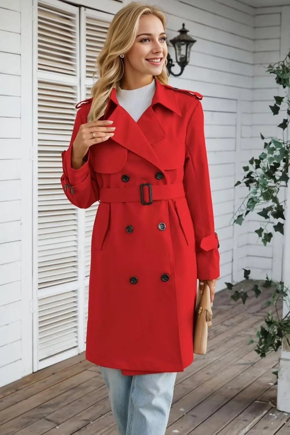 Betusline Women's Long Double-Breasted Waterproof Trench Coat with Belt