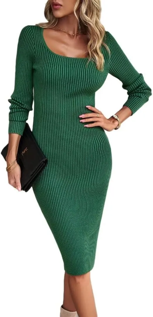Bodycon Sweater Dress Square Neck Long Sleeve Ribbed Knit Midi Dress for Women