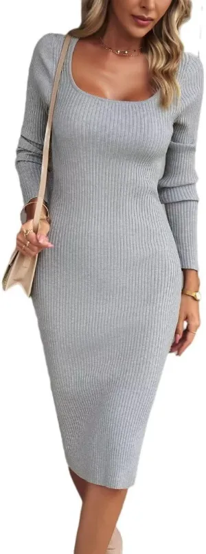 Bodycon Sweater Dress Square Neck Long Sleeve Ribbed Knit Midi Dress for Women