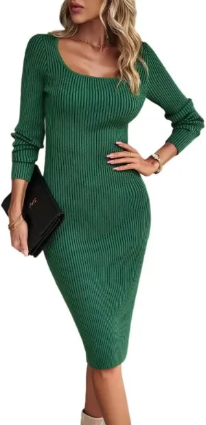 Bodycon Sweater Dress Square Neck Long Sleeve Ribbed Knit Midi Dress for Women