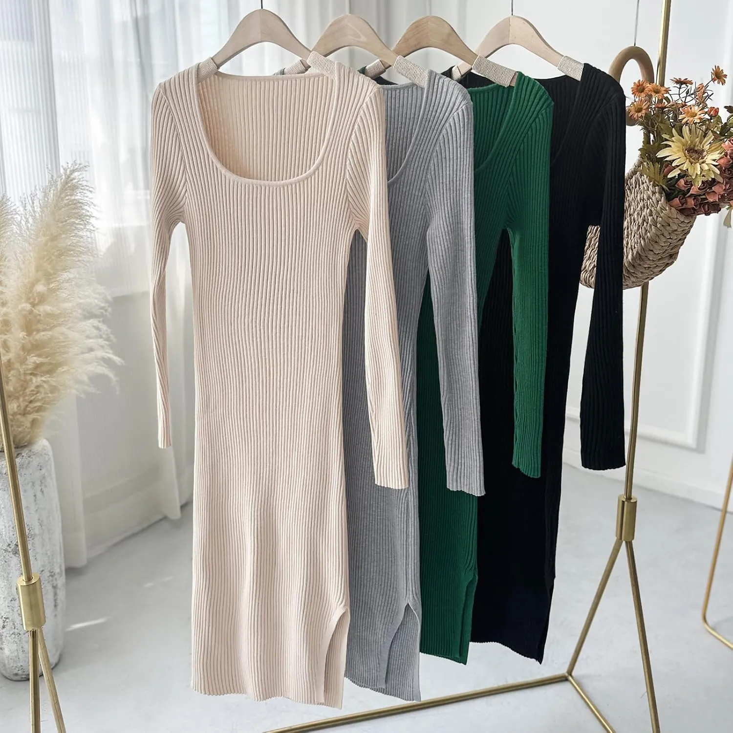 Bodycon Sweater Dress Square Neck Long Sleeve Ribbed Knit Midi Dress for Women