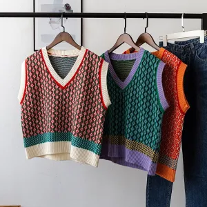 Chic Vintage Argyle Sweater Vest for Women 2022 Autumn Winter Pullover Hit Color Knitted Vest Sleeveless Jecket Gilet Femme