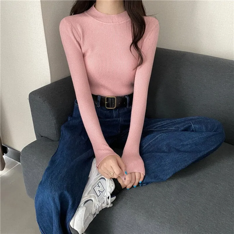 DressBetty - Knitted Half Turtleneck Full Sleeve Basic Tops