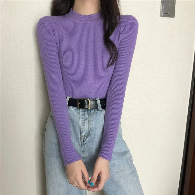 DressBetty - Knitted Half Turtleneck Full Sleeve Basic Tops