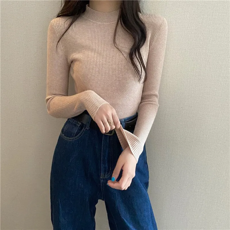 DressBetty - Knitted Half Turtleneck Full Sleeve Basic Tops