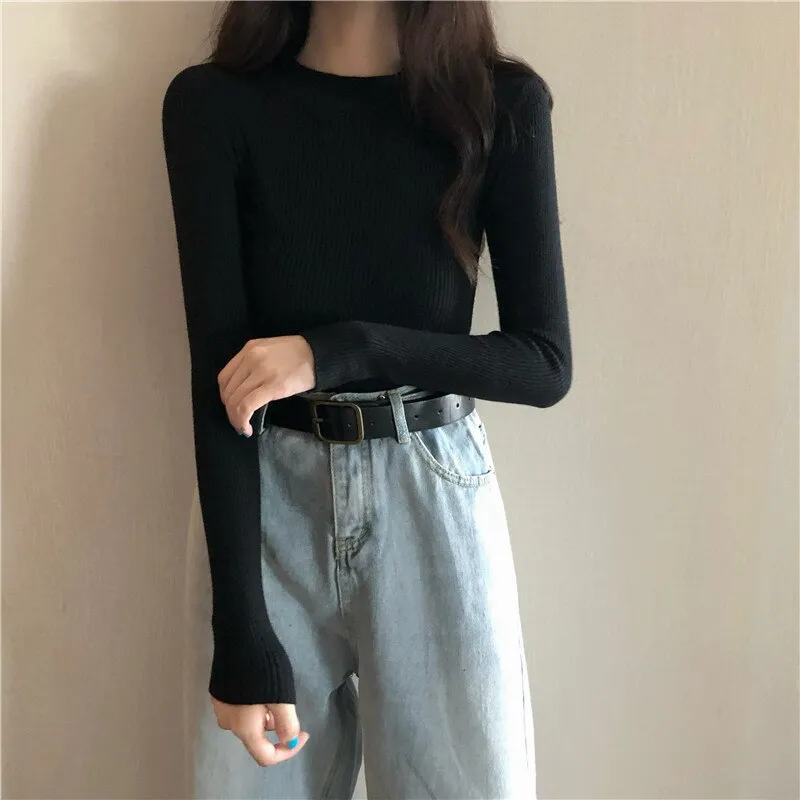 DressBetty - Knitted Half Turtleneck Full Sleeve Basic Tops
