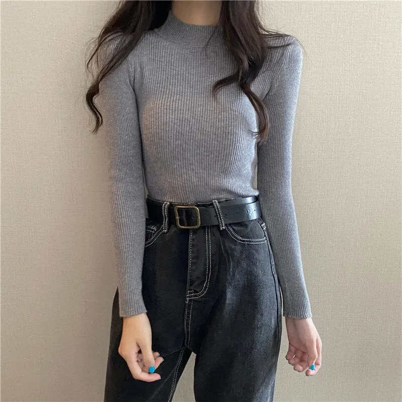DressBetty - Knitted Half Turtleneck Full Sleeve Basic Tops