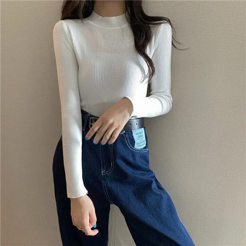 DressBetty - Knitted Half Turtleneck Full Sleeve Basic Tops