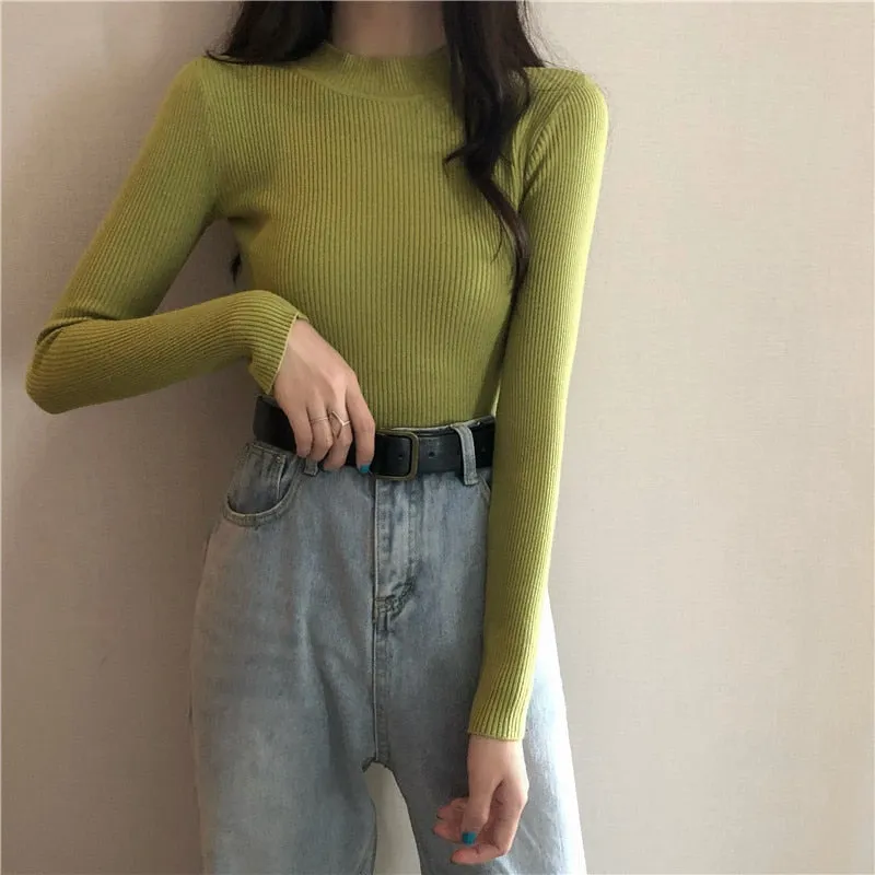 DressBetty - Knitted Half Turtleneck Full Sleeve Basic Tops