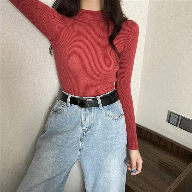 DressBetty - Knitted Half Turtleneck Full Sleeve Basic Tops
