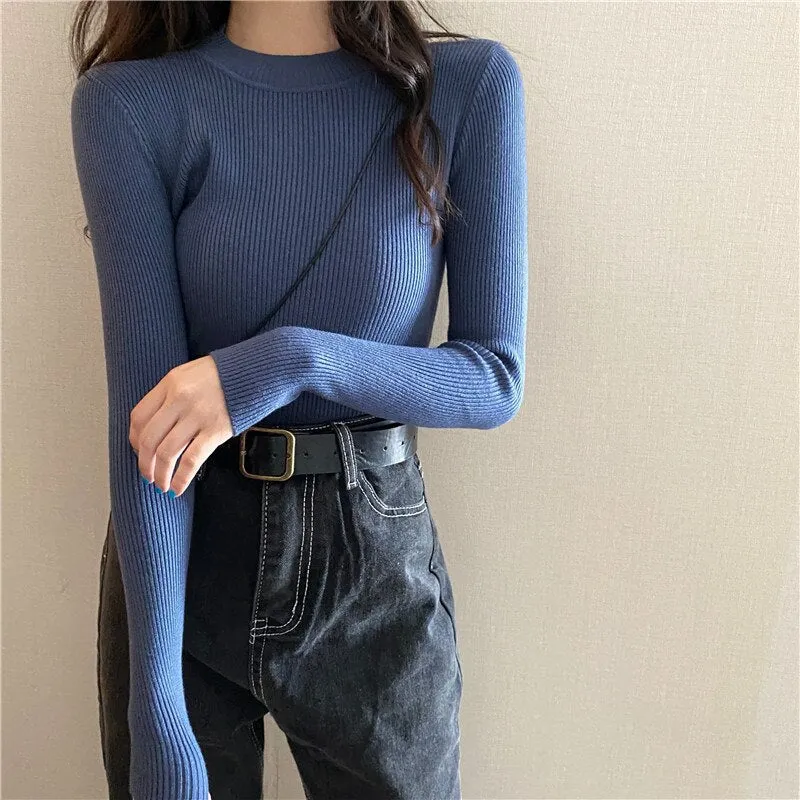 DressBetty - Knitted Half Turtleneck Full Sleeve Basic Tops