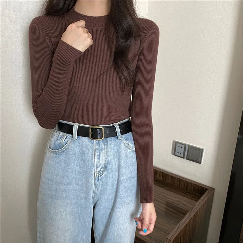 DressBetty - Knitted Half Turtleneck Full Sleeve Basic Tops