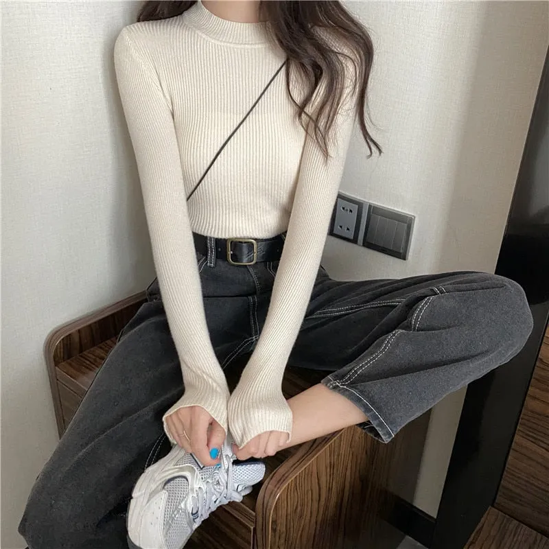 DressBetty - Knitted Half Turtleneck Full Sleeve Basic Tops