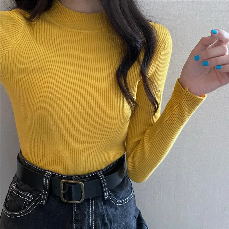 DressBetty - Knitted Half Turtleneck Full Sleeve Basic Tops