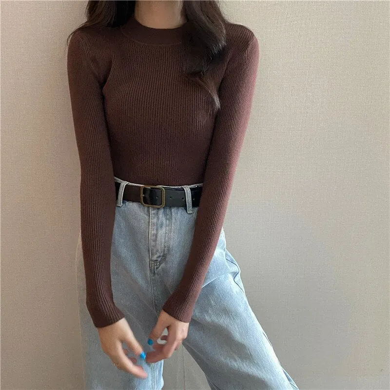 DressBetty - Knitted Half Turtleneck Full Sleeve Basic Tops