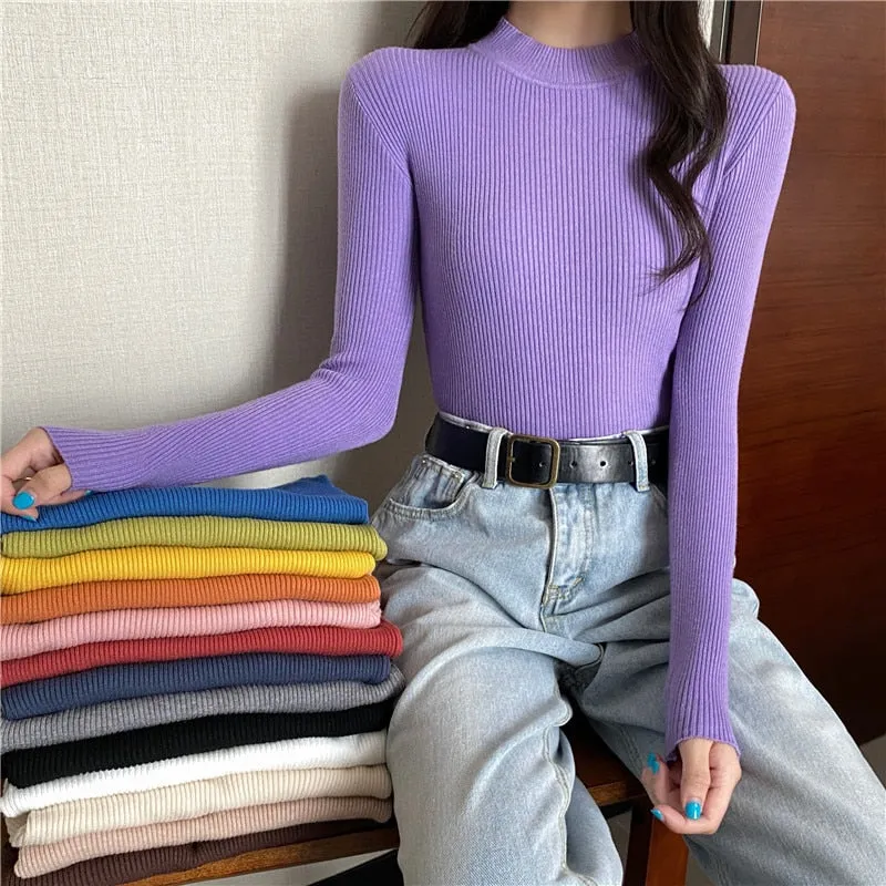 DressBetty - Knitted Half Turtleneck Full Sleeve Basic Tops
