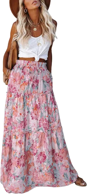 EARKOHA Womens Casual High Waist Tie Paisley Print Long Maxi Skirt with Pockets