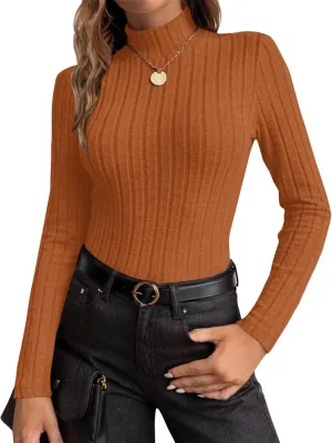 Ekouaer Women's Mock Turtleneck Long Sleeve Shirts Fall Ribbed Tops Fleece Basic Layering Soft Thermal Undershirts Tee