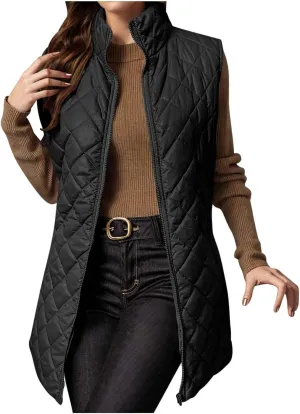 fartey Quilted Vest Women 2024 Sleeveless Puffer Vest Jackets Zip Up Stand Collar Gilet Coats Outwear Witt Pockets