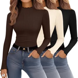 Ficerd 3 Pack Ribbed Mock Turtleneck Tops for Women Long Sleeve Lettuce Trim Shirts Slim Fit Tee Base Layer