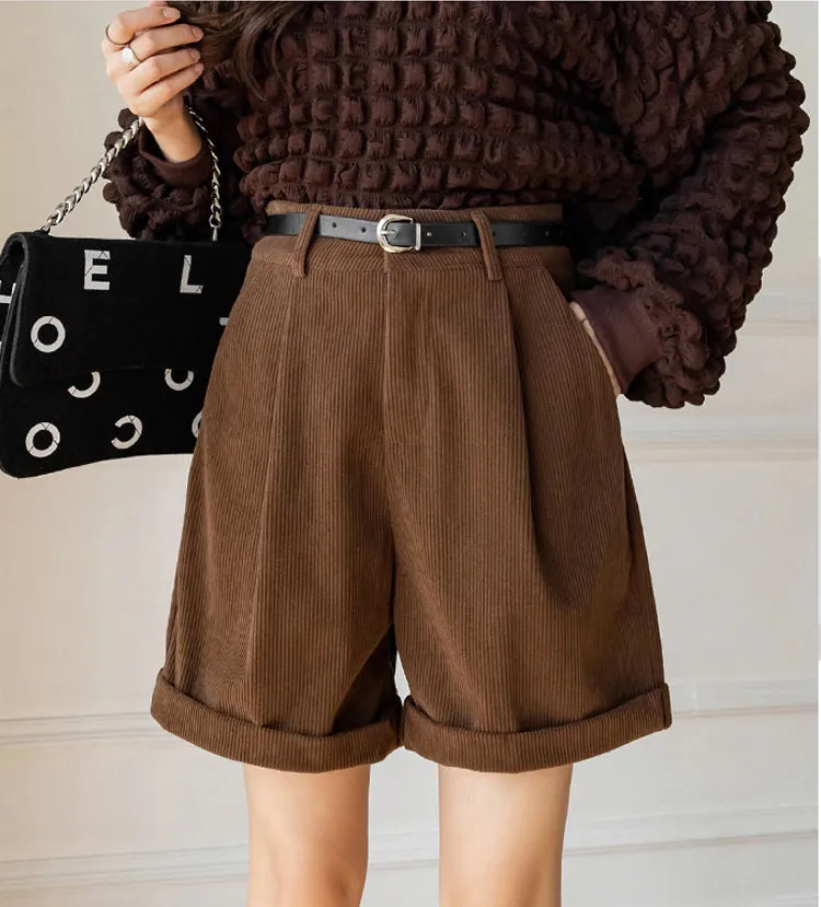 Flytonn-cute winter outfits casual winter outfits christmas outfit party look inspos High Waist Retro Loose Corduroy Shorts with Belt