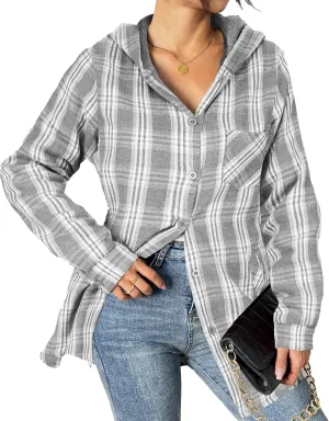 HOTOUCH Women Flannel Fleece Shacket Jacket Plaid Button Down Long Sleeve Shirt 2024 Fall Winter Outfits Clothes with Hooded