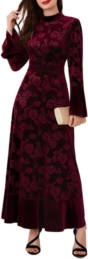 IDOPIP Women Long Bell Sleeve Floral Velvet Maxi Dress Fall Mock Neck Wedding Guest Dress Elegant Evening Cocktail Prom Gown