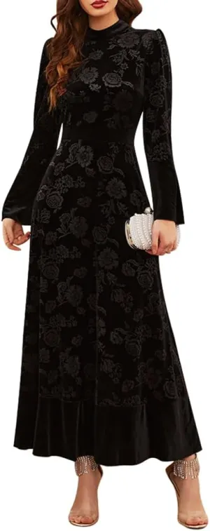 IDOPIP Women Long Bell Sleeve Floral Velvet Maxi Dress Fall Mock Neck Wedding Guest Dress Elegant Evening Cocktail Prom Gown