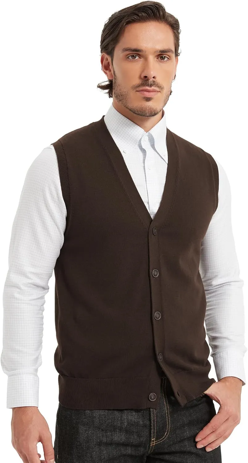 Kallspin Mens Button Down Sweater Vest Lightweight Knitted Pure Cotton V-Neck Sleeveless Cardigans