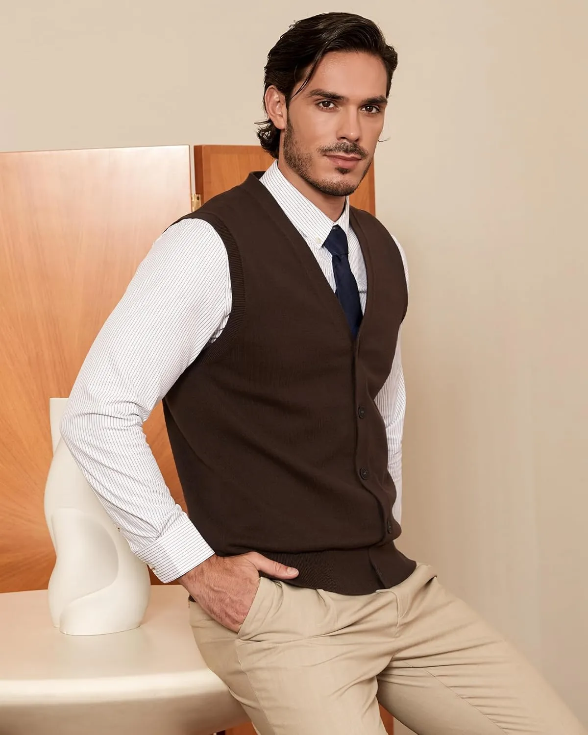 Kallspin Mens Button Down Sweater Vest Lightweight Knitted Pure Cotton V-Neck Sleeveless Cardigans