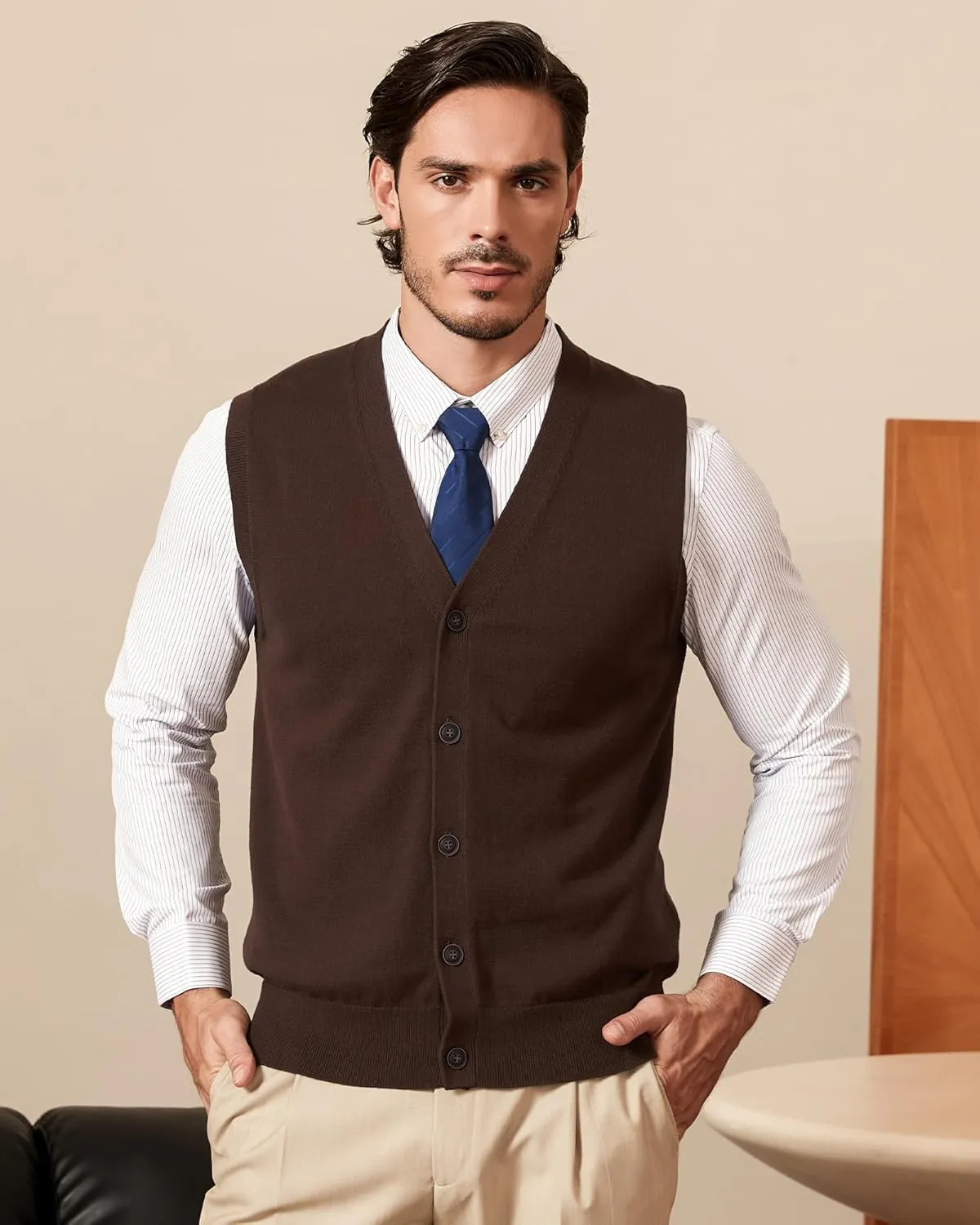Kallspin Mens Button Down Sweater Vest Lightweight Knitted Pure Cotton V-Neck Sleeveless Cardigans