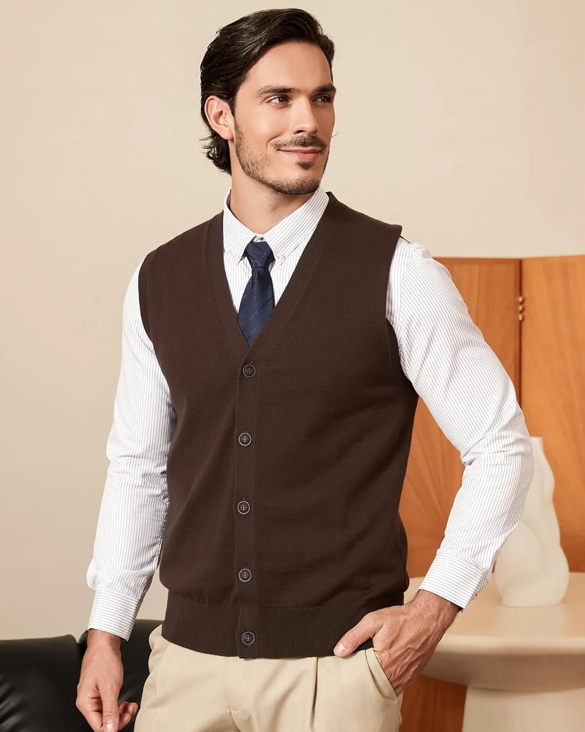 Kallspin Mens Button Down Sweater Vest Lightweight Knitted Pure Cotton V-Neck Sleeveless Cardigans
