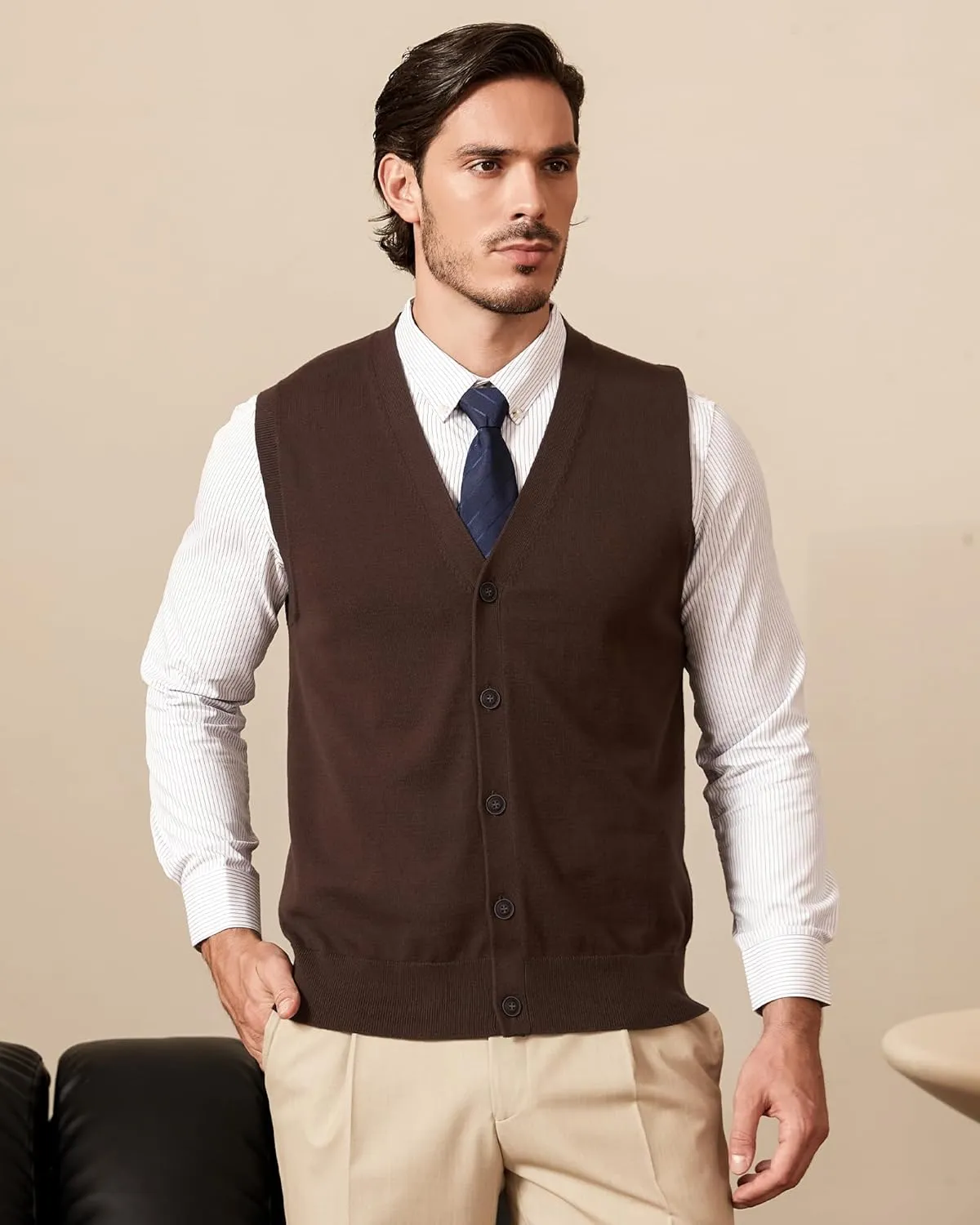 Kallspin Mens Button Down Sweater Vest Lightweight Knitted Pure Cotton V-Neck Sleeveless Cardigans