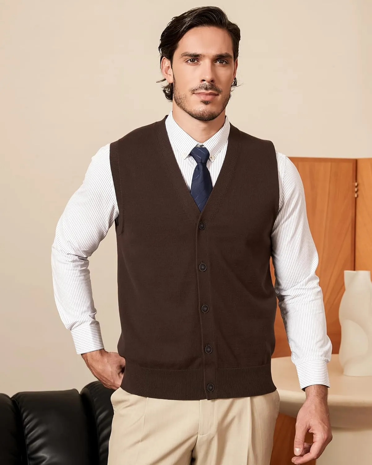 Kallspin Mens Button Down Sweater Vest Lightweight Knitted Pure Cotton V-Neck Sleeveless Cardigans