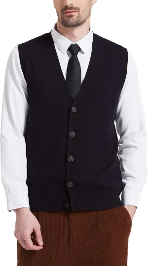 Kallspin Men's Sweater Vest Wool Blend V-Neck Button Sleeveless Cardigan Vest Sweater