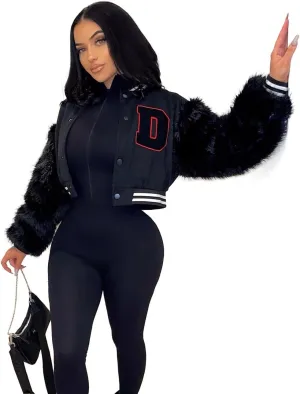 KANSOON Varsity Jacket Women Faux Fur Sleeve Cropped Baseball Jacket Button Up Casual Patchwork Letterman Coat