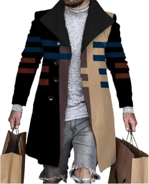 LOAIHA Men's Casual Trench Coat Fashion Plaid Splicing Single Breasted Mid Length Peacoat Fall Winter Warm Jacket Outwear