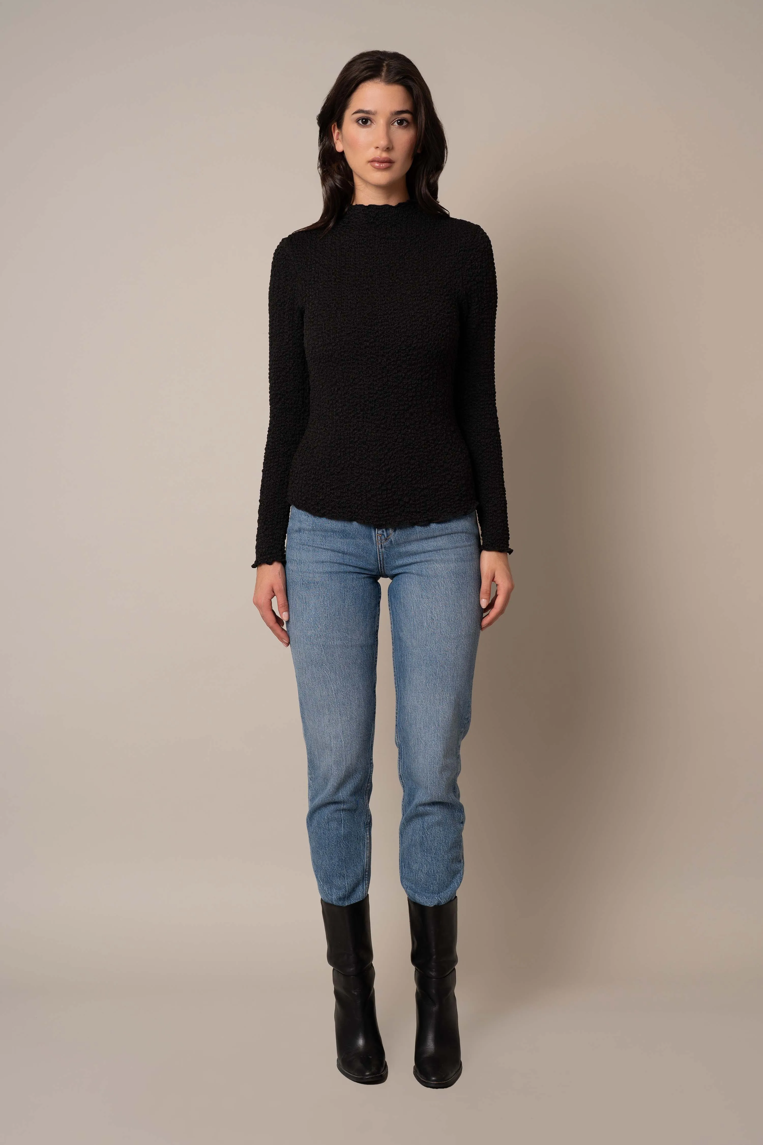 Long Sleeve Mock Neck Crinkle Top