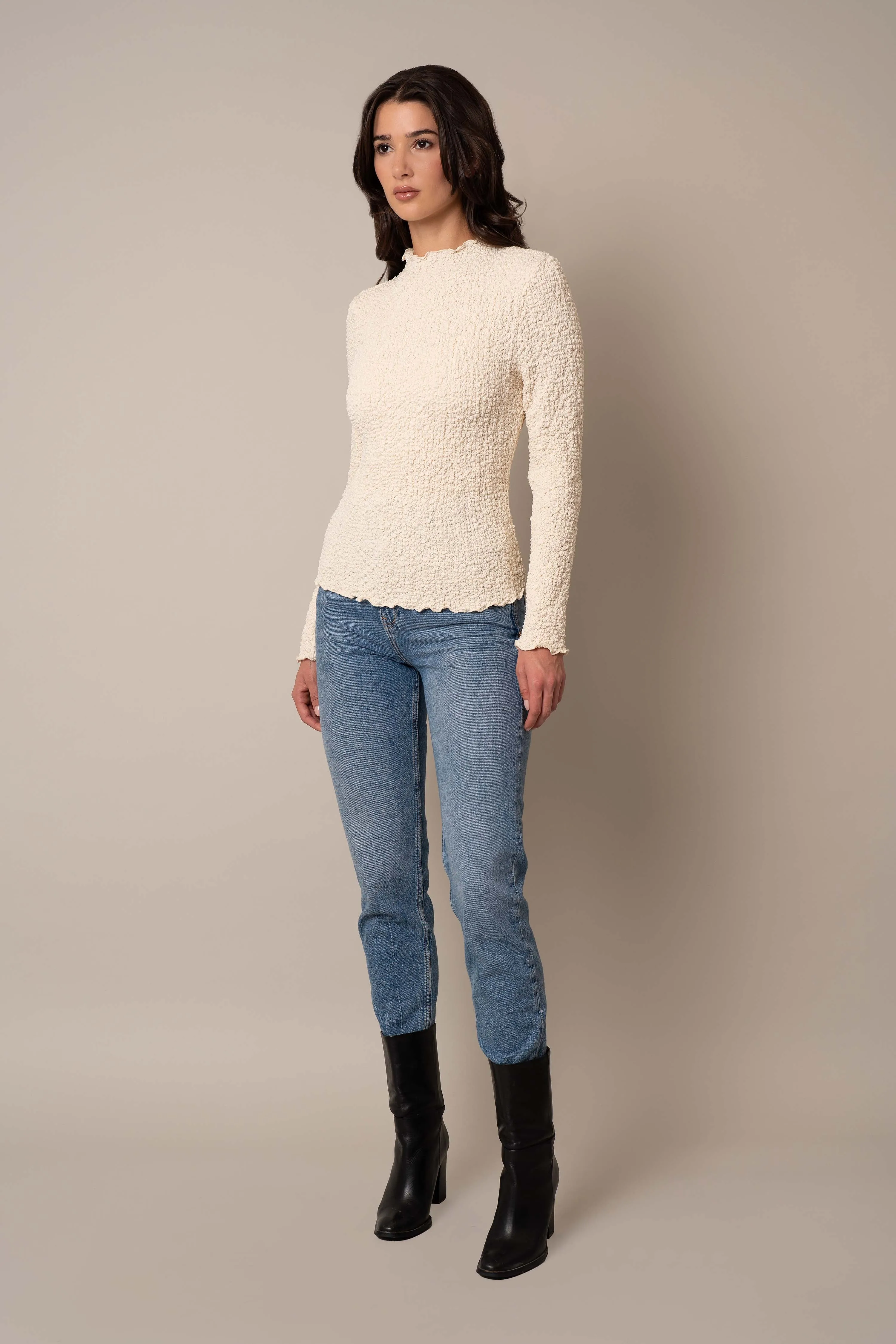 Long Sleeve Mock Neck Crinkle Top
