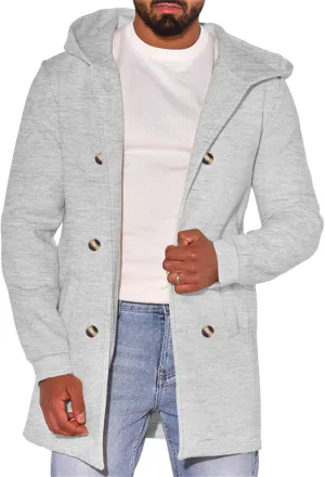 Men's Hooded Pea Coats Casual Classic Double Breasted Wool Coat Mid Lenth Business Trench Warm Coats