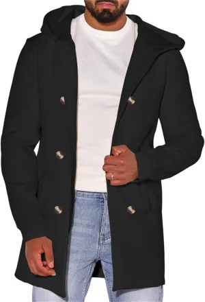 Men's Hooded Pea Coats Casual Classic Double Breasted Wool Coat Mid Lenth Business Trench Warm Coats