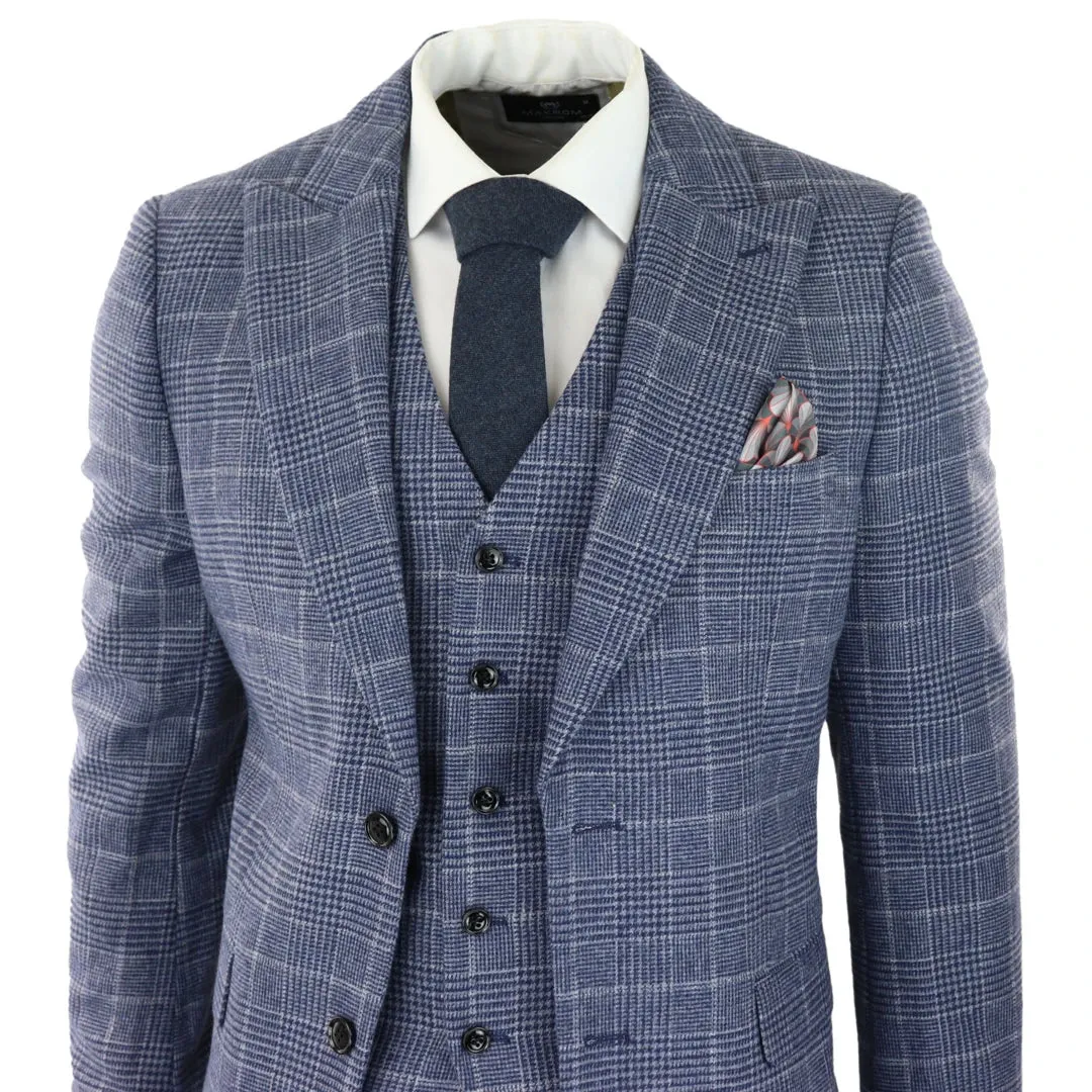Men's Tweed Wool Check Suit 3 Piece Classic Blue Grey